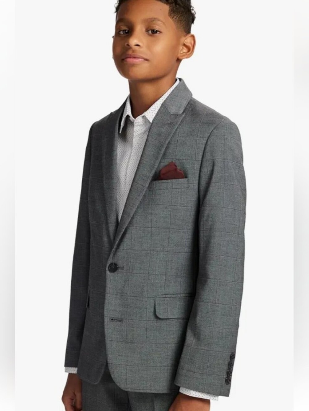 Calvin Klein Boys' Gray Windowpane Sport Coat with Pocket Square